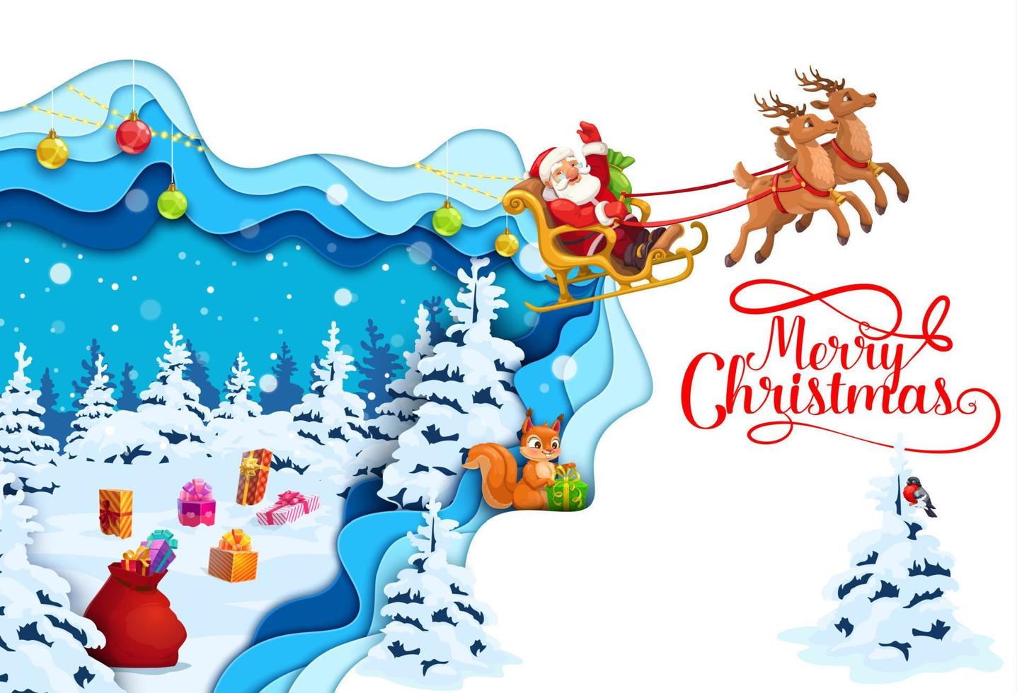 Christmas paper cut flying santa sleigh in forest vector