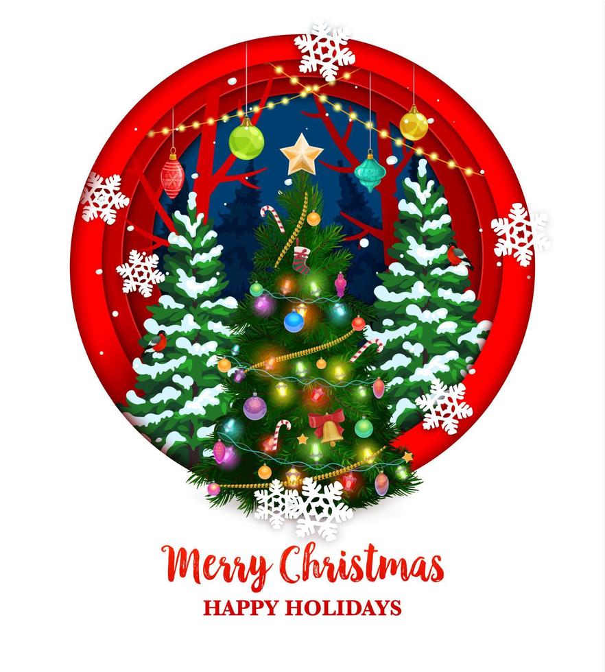 Christmas round paper cut holiday landscape 3d vector