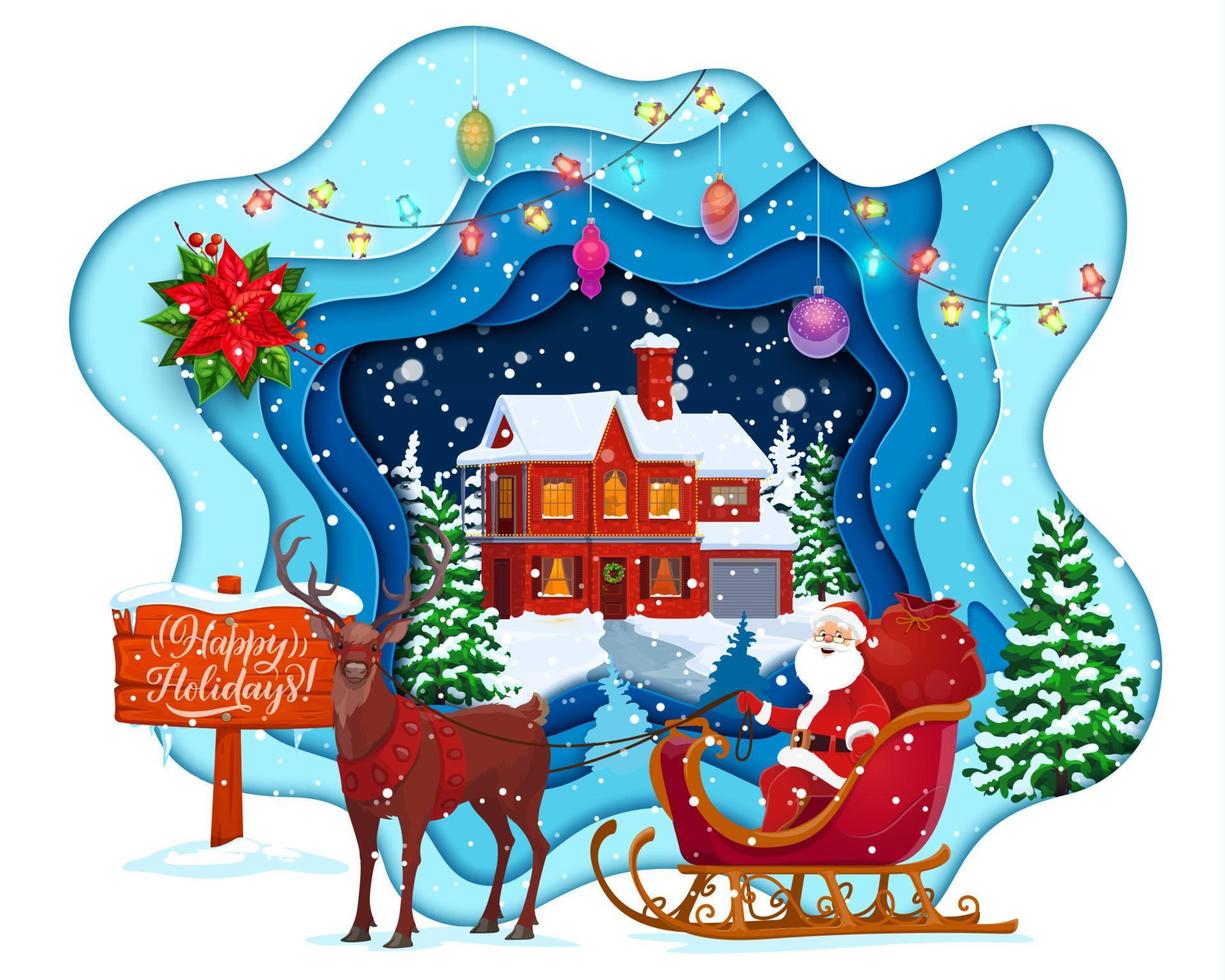 casa de invierno de dibujos animados de corte de papel de navidad y santa vector