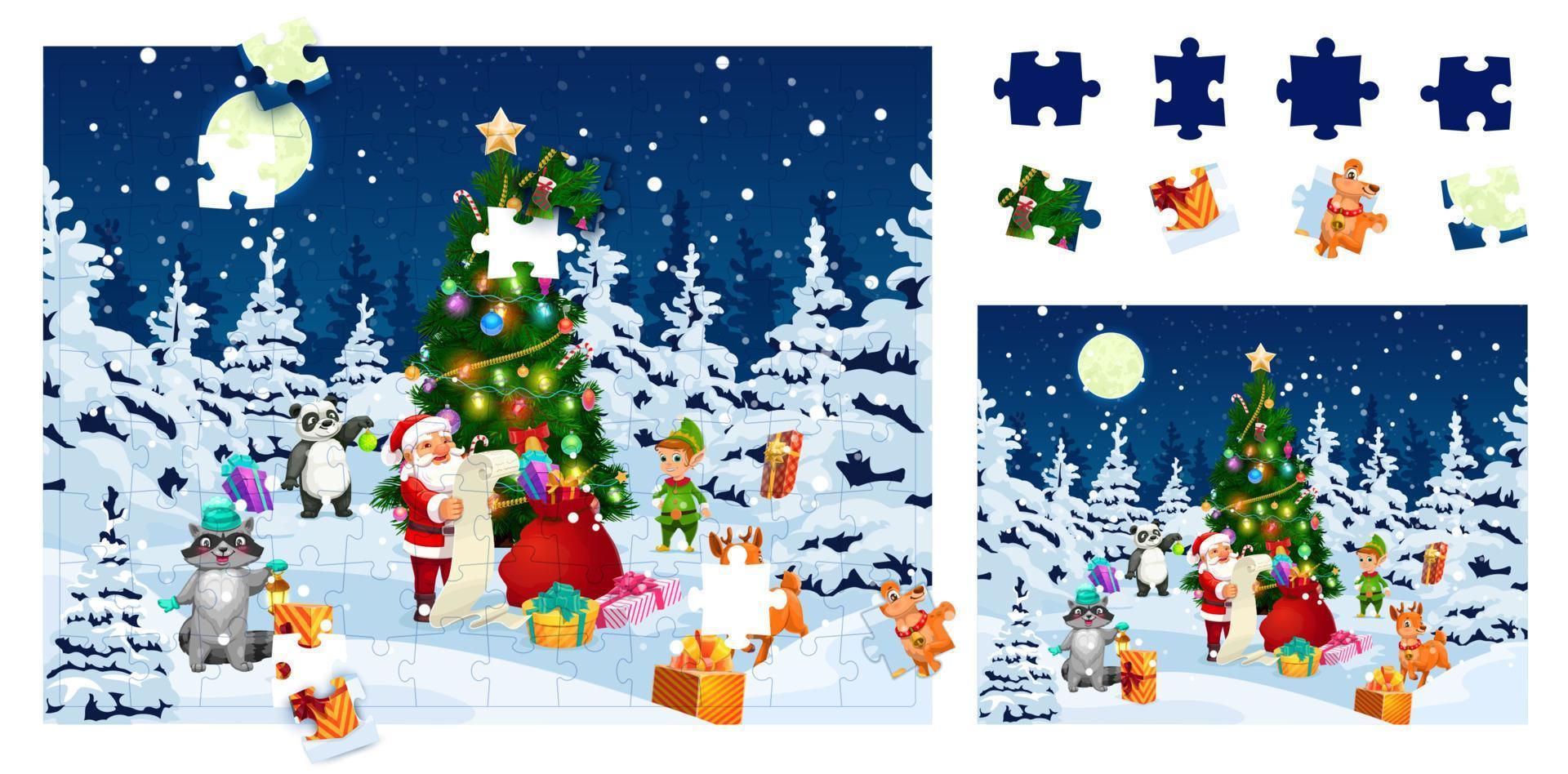 Christmas jigsaw puzzle game pieces, cartoon santa vector