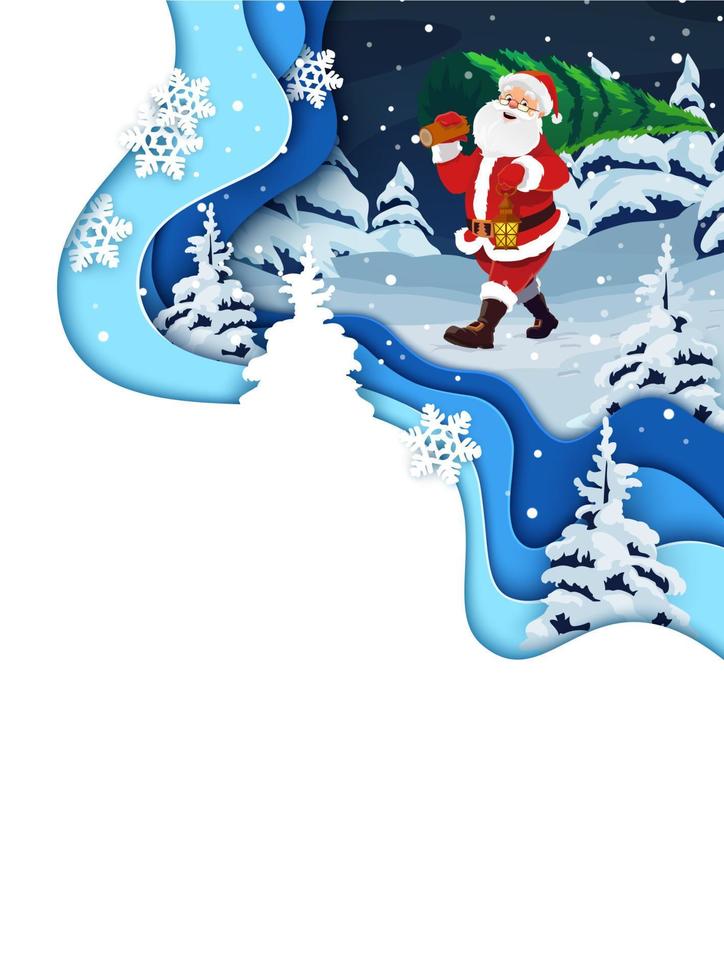 Christmas paper cut santa with pine holiday tree vector