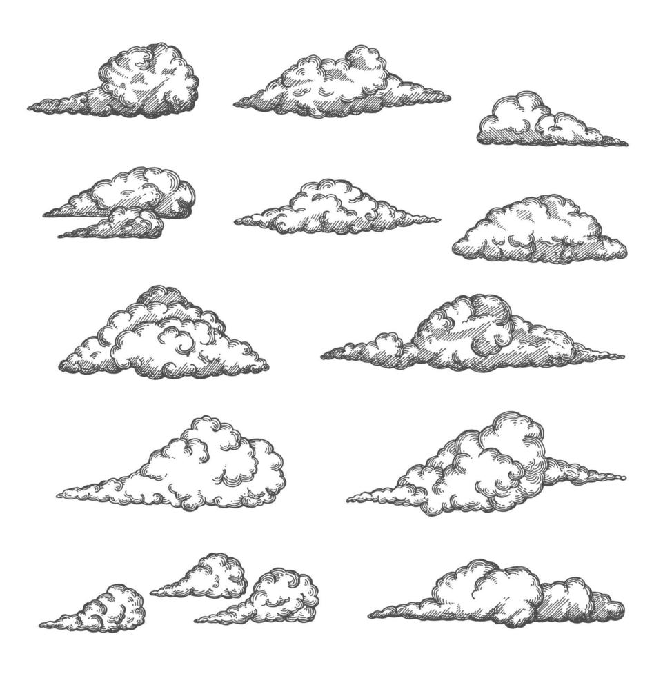 Cloud and cloudiness vintage sketch, cloudy sky vector