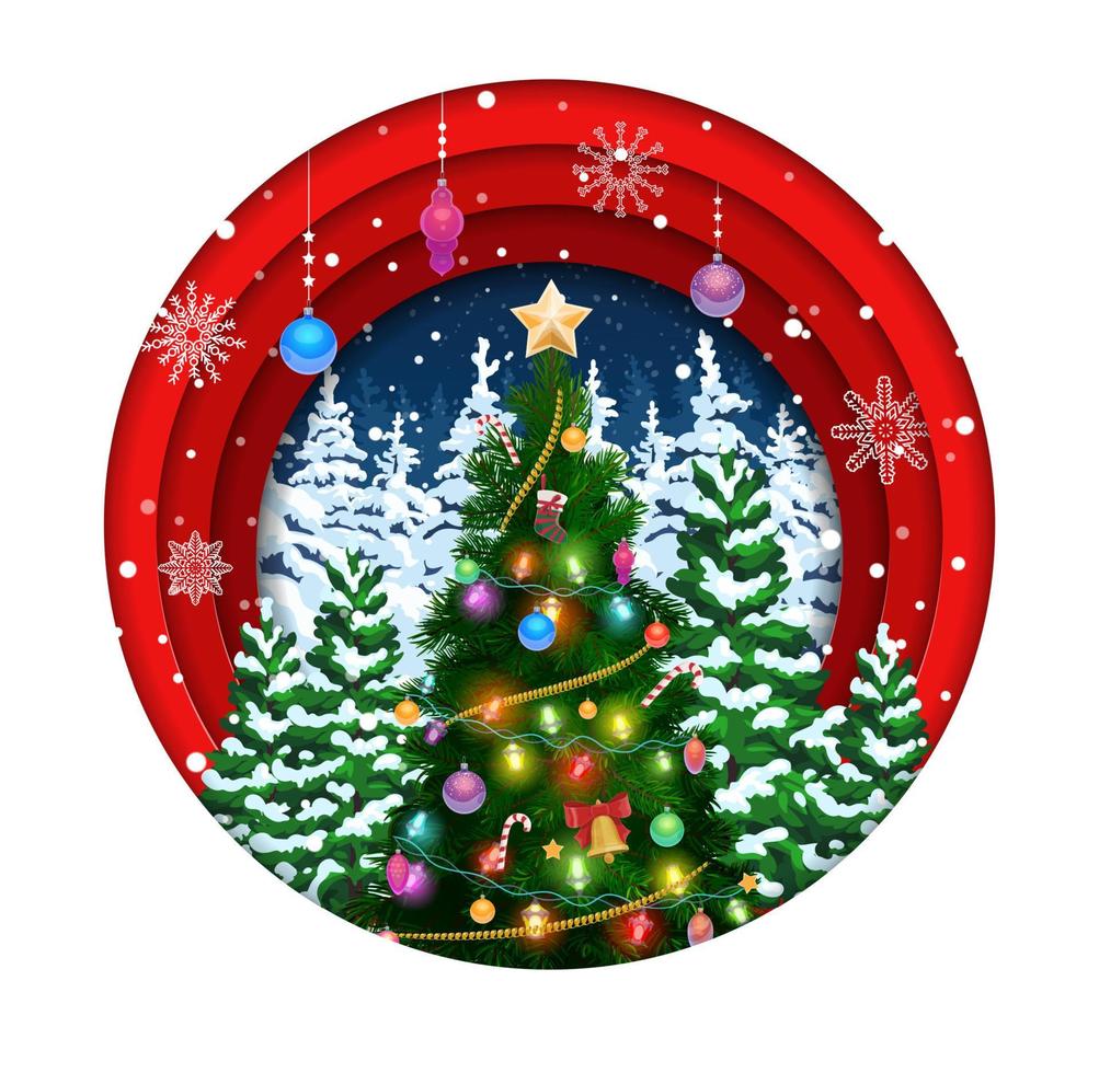 corte de papel navideño con árbol navideño y decoración vector