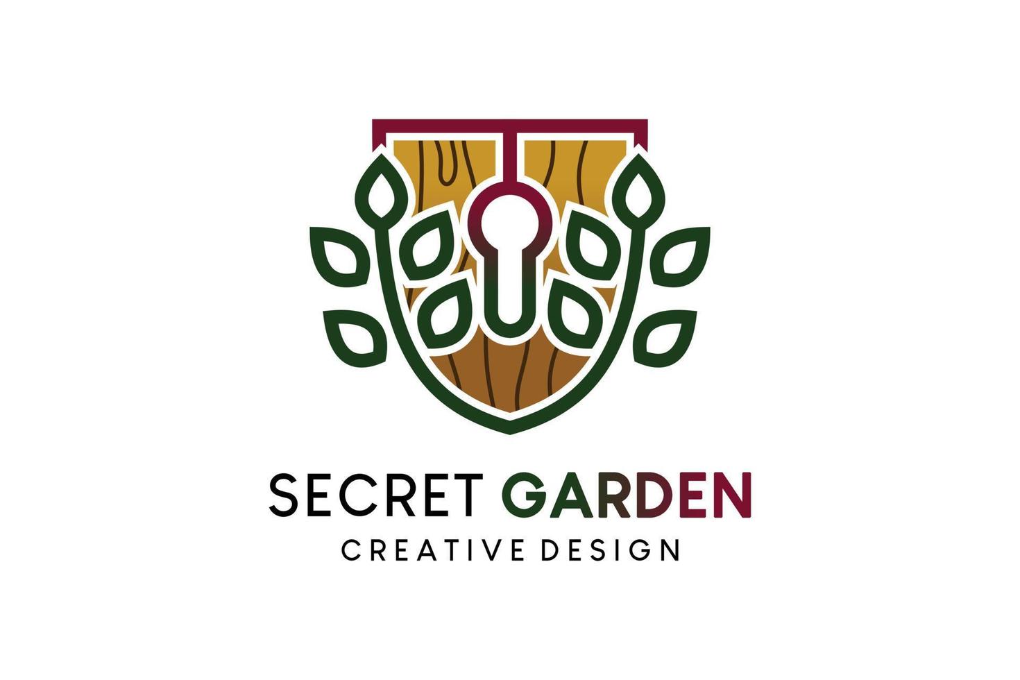 diseño de logotipo de jardín secreto, ilustración de logotipo de vector de escudo combinado con hojas e icono de candado