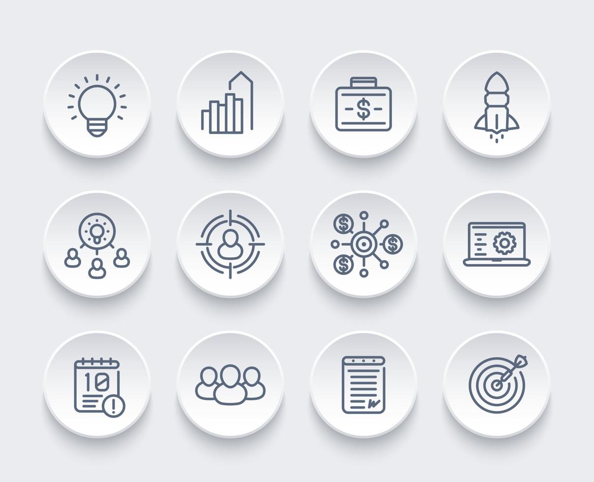 startup, funding, initial capital, contract, ipo, target audience line icons set vector