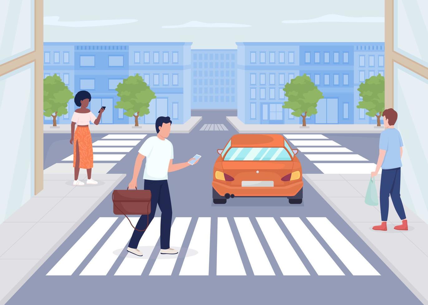 Pedestrians on city street flat color vector illustration. Daily citizens life. Crossroad in large town. Urban landscape. Fully editable 2D simple cartoon characters with cityscape on background