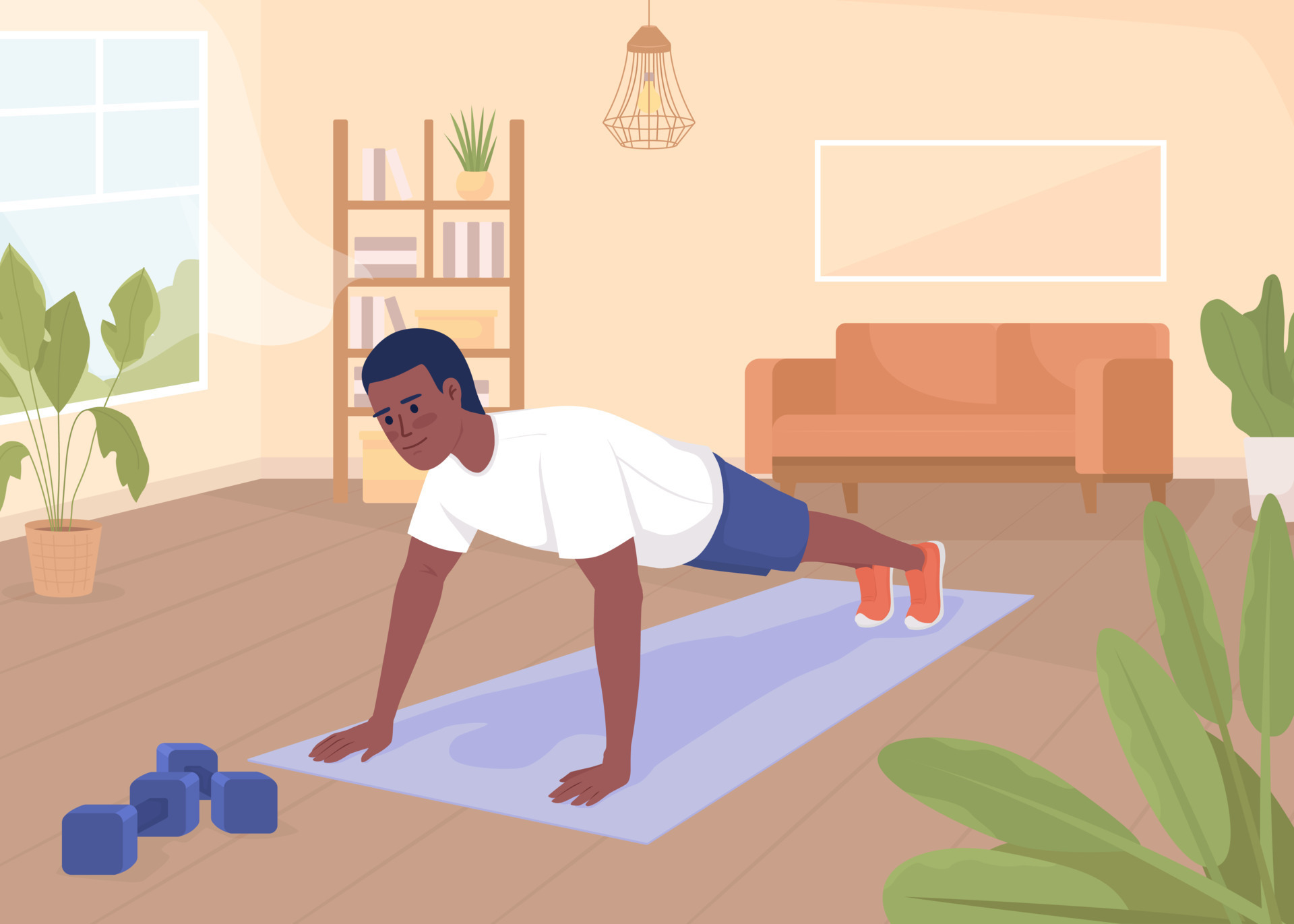 Man doing push ups flat color vector illustration. Regular