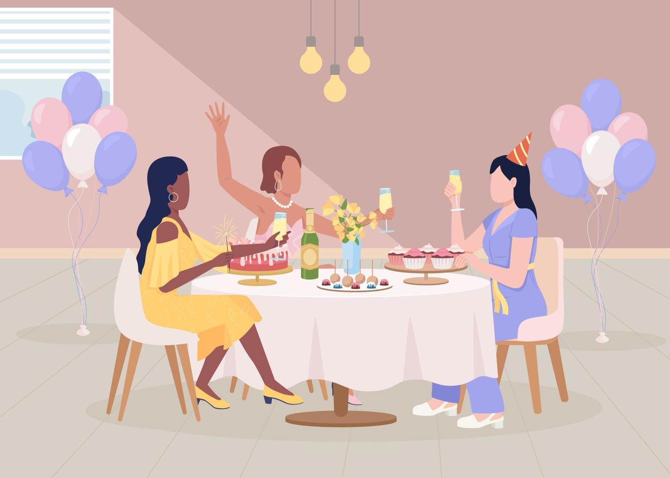 Hen party celebration flat color vector illustration. Women sitting at served table. Festive event with friends. Fully editable 2D simple cartoon characters with restaurant on background