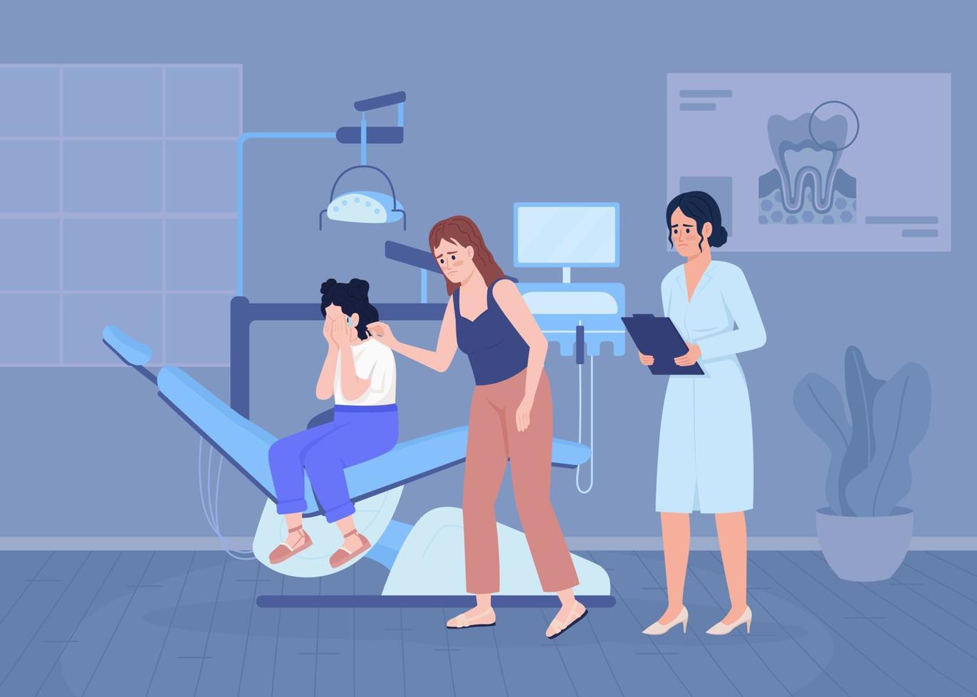 Scared girl with mother at dentist appointment flat color vector illustration. Child with strong phobia. Fully editable 2D simple cartoon characters with medical office on background