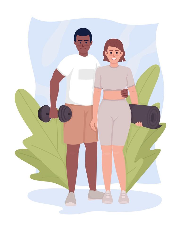 pareja en ropa deportiva 2d vector ilustración aislada. ejercitando juntos personajes planos en el fondo de dibujos animados. escena editable colorida de entrenamiento para móvil, sitio web, presentación