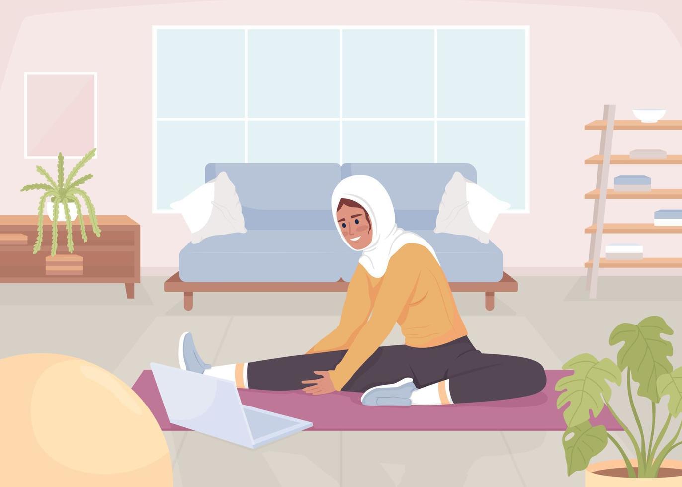 Lady doing stretching with video lesson flat color vector illustration.  Sports training at home. Yoga practice. Fully editable 2D simple cartoon  character with living room on background 14663451 Vector Art at Vecteezy