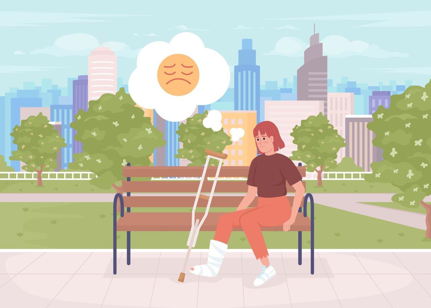 Upset woman with broken leg in park flat color vector illustration. Painful injury. Recovery after physical trauma. Fully editable 2D simple cartoon character with public garden on background
