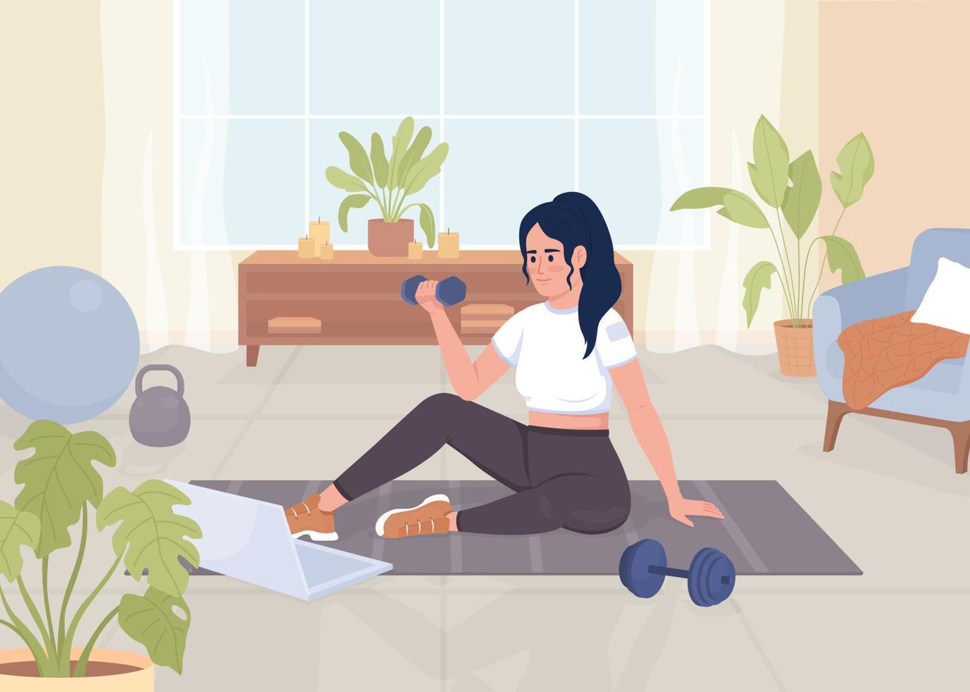Woman doing exercises for arms flat color vector illustration. Training with dumbbells by video lesson. Sports activity. Fully editable 2D simple cartoon character with home interior on background