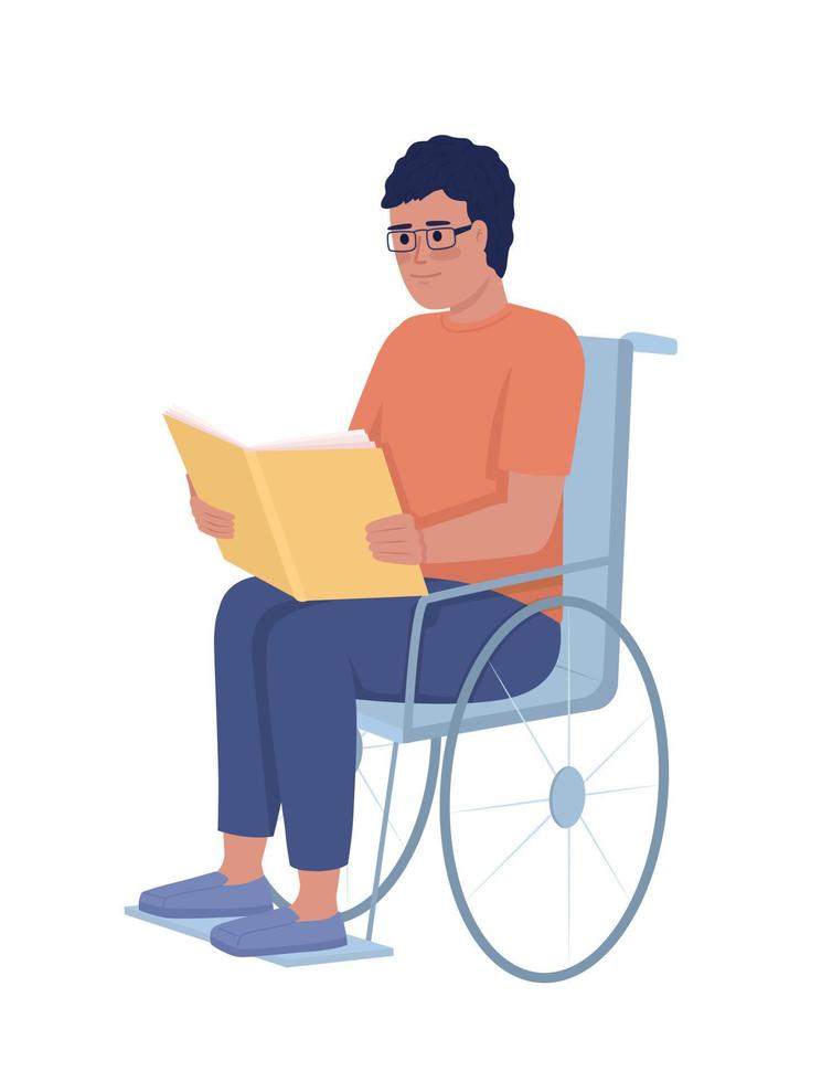 hombre con discapacidad leyendo un libro de carácter vectorial de color semiplano. figura editable. persona de cuerpo completo en blanco. ilustración de estilo de dibujos animados simple hobby para diseño gráfico web y animación vector