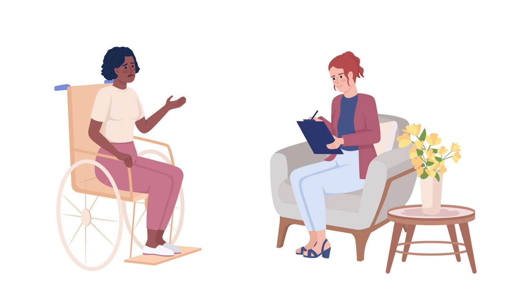 Disabled woman and psychologist semi flat color vector characters. Editable figures. Full body people on white. Therapy simple cartoon style illustrations for web graphic design and animation