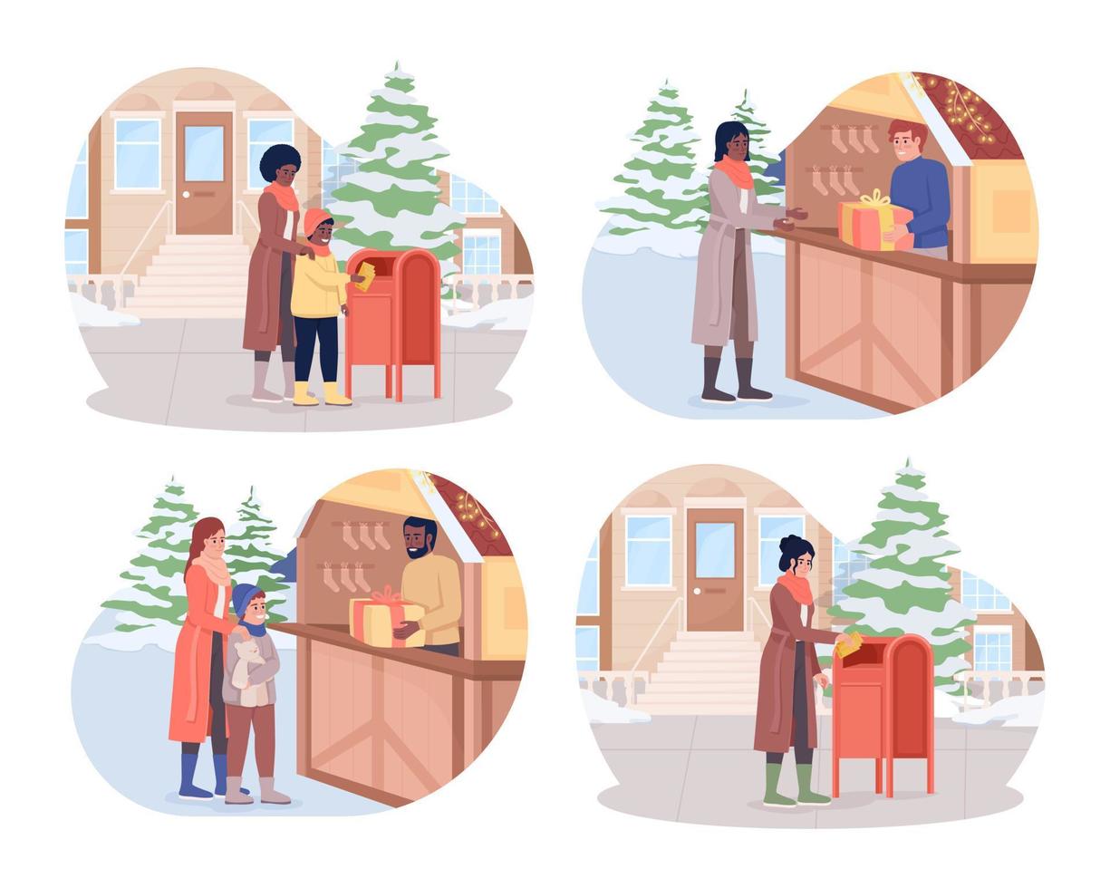 Christmas preparation 2D vector isolated illustrations set. Happy flat characters on cartoon background. Holiday shopping and mailing colourful editable scenes pack for mobile, website, presentation