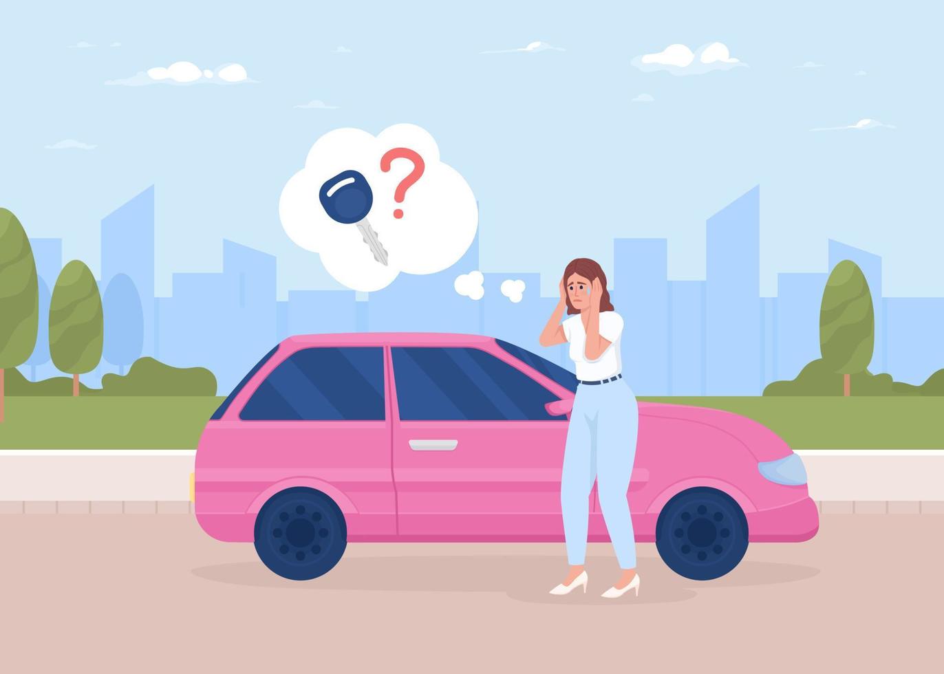 Woman with panic attack near car flat color vector illustration. Driver lost ignition key. Fully editable 2D simple cartoon character with city street on background