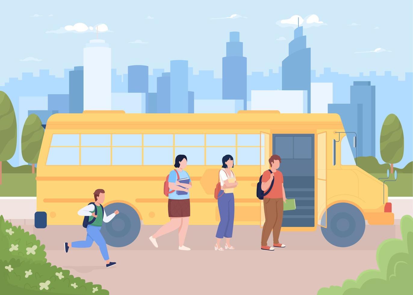 niños entrando en el autobús escolar ilustración vectorial de color plano. vehículo para estudiantes. servicio de transporte. personajes de dibujos animados simples 2d completamente editables con la calle de la ciudad en el fondo vector