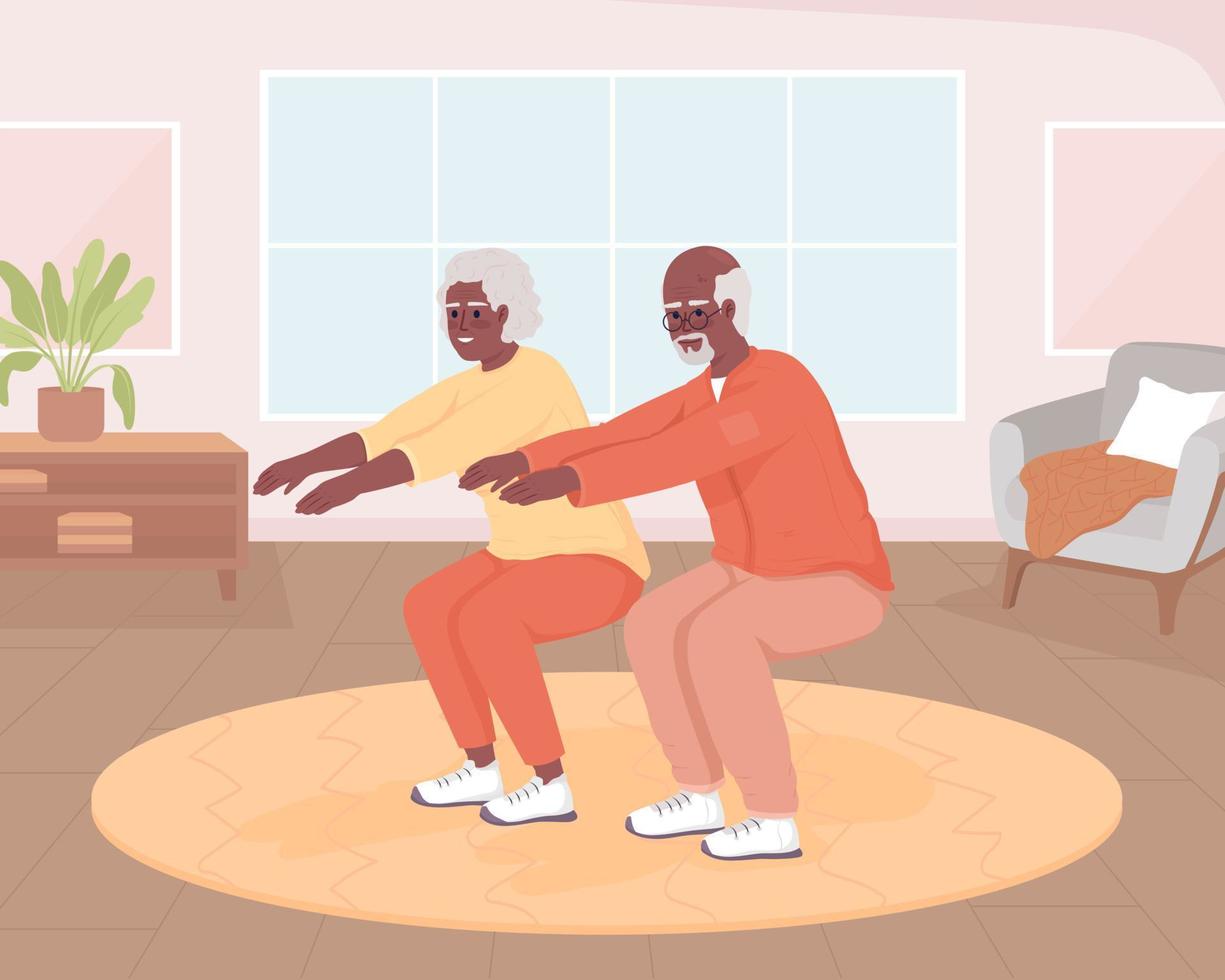 Active seniors doing squats at home flat color vector illustration. Sit up exercises in old age. Sports activity. Fully editable 2D simple cartoon characters with living room on background