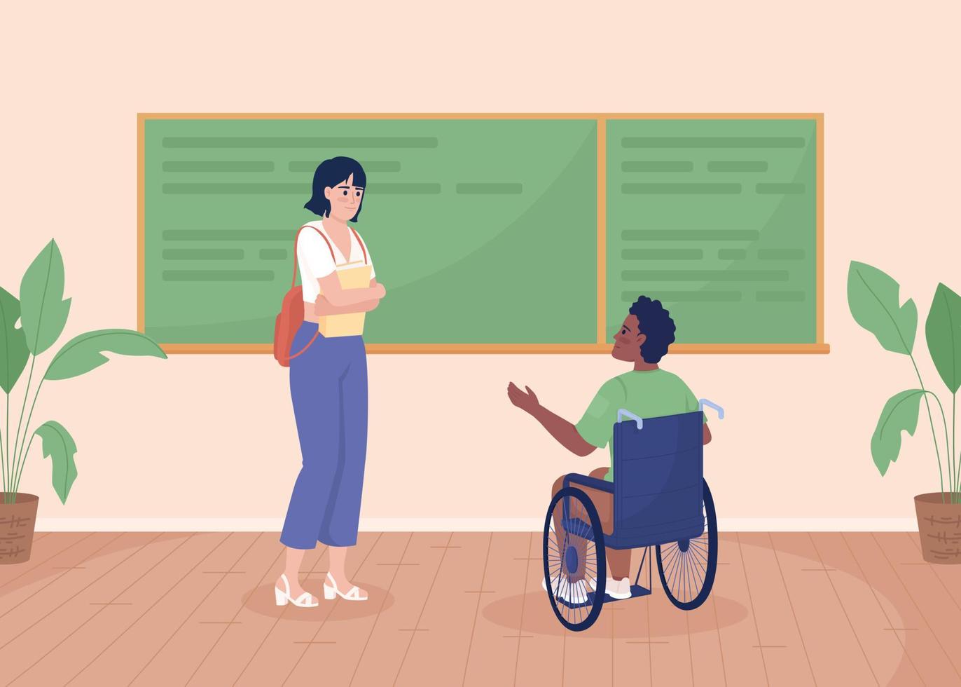 Disabled student with friend in classroom flat color vector illustration. Inclusive education program. Fully editable 2D simple cartoon characters with school interior on background
