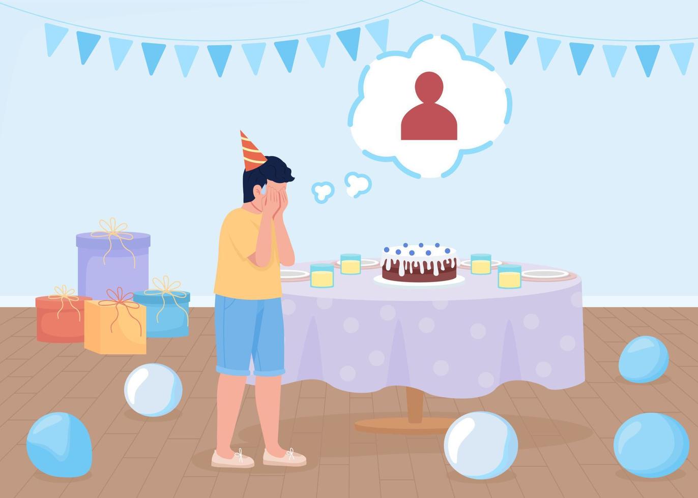 Ilustración de vector de color plano de fiesta de cumpleaños triste. niño llorando de soledad. celebración de vacaciones solo. personaje de dibujos animados simple 2d completamente editable con habitación decorada en el fondo