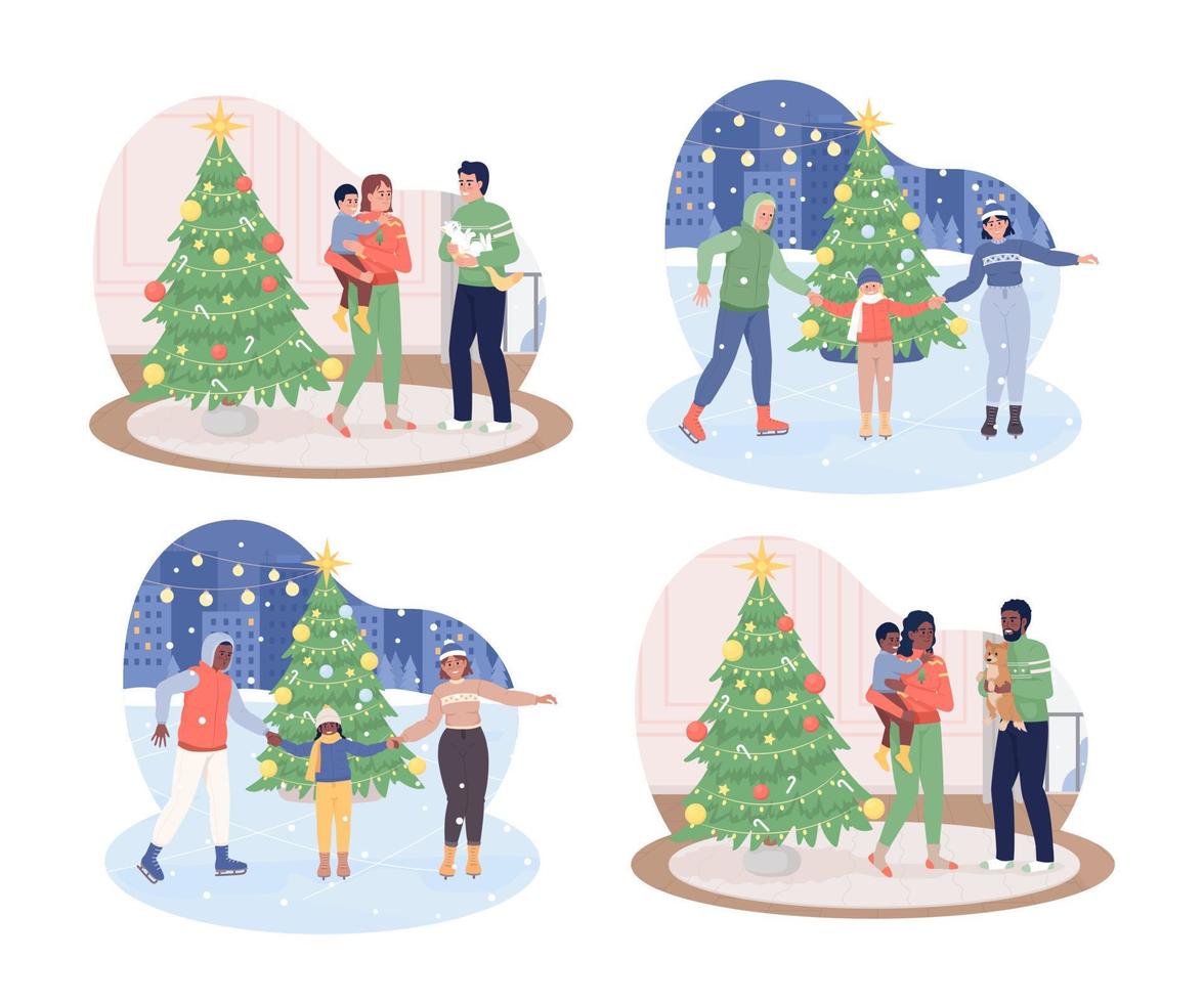 Family celebration 2D vector isolated illustrations set. Happy flat characters on cartoon background. Wintertime leisure colourful editable scenes collection for mobile, website, presentation