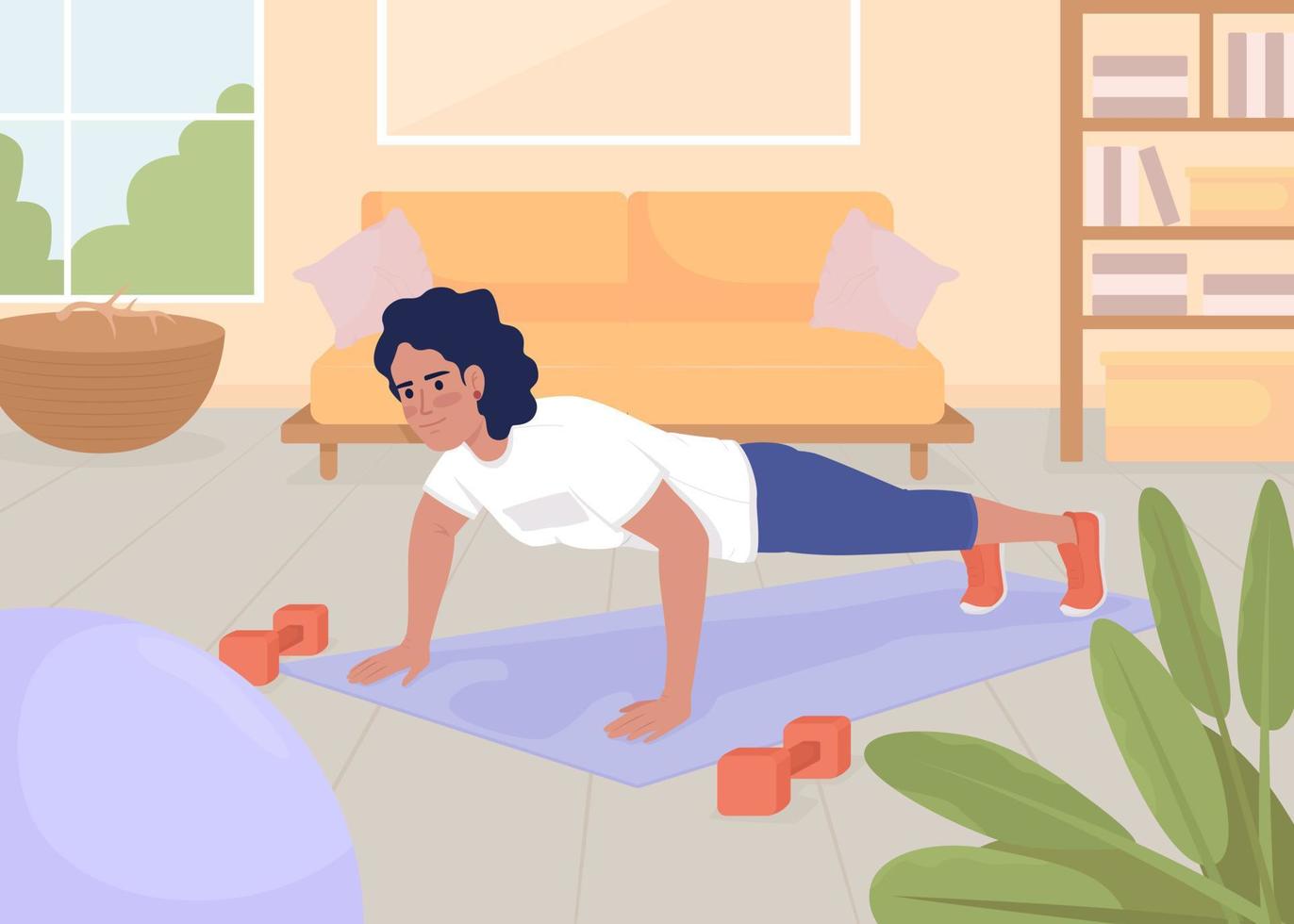 mujer haciendo flexiones en casa ilustración vectorial de color plano. entrenamiento deportivo de rutina. estilo de vida saludable y activo. personaje de dibujos animados simple 2d completamente editable con sala de estar en el fondo vector