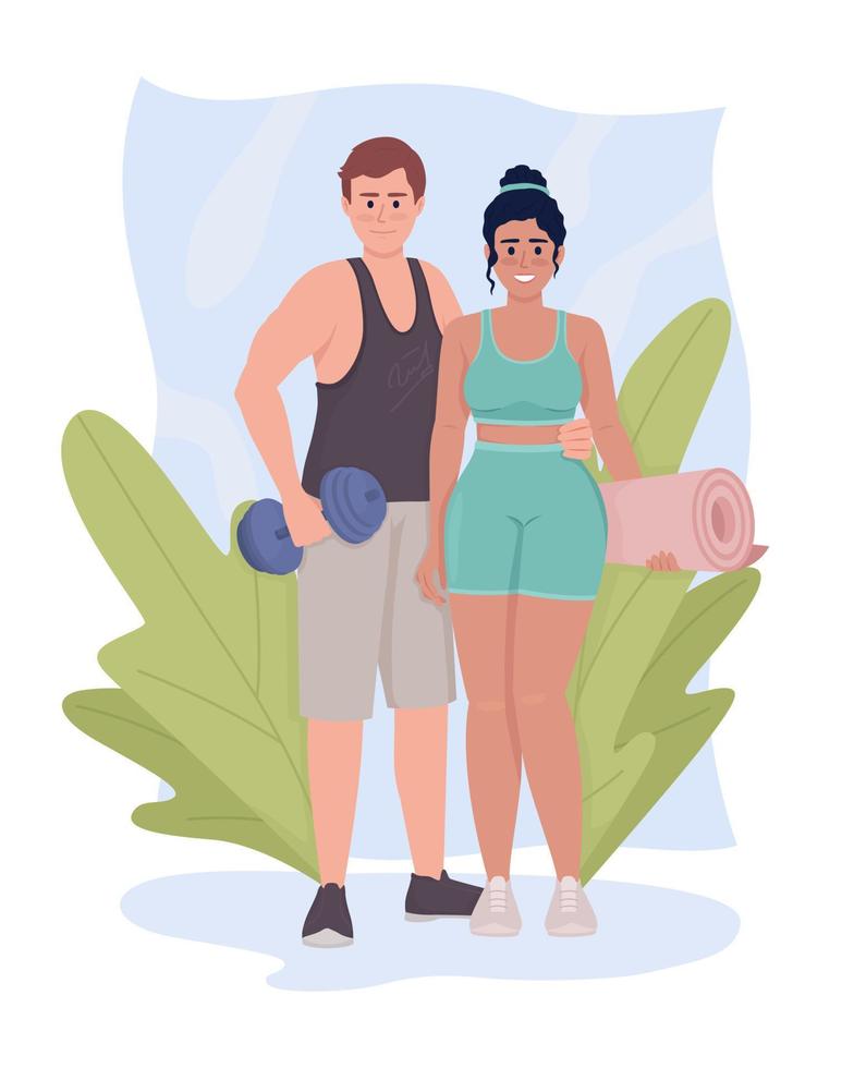 Sportive couple with equipment 2D vector isolated illustration. Healthy lifestyle flat characters on cartoon background. Fitness colourful editable scene for mobile, website, presentation