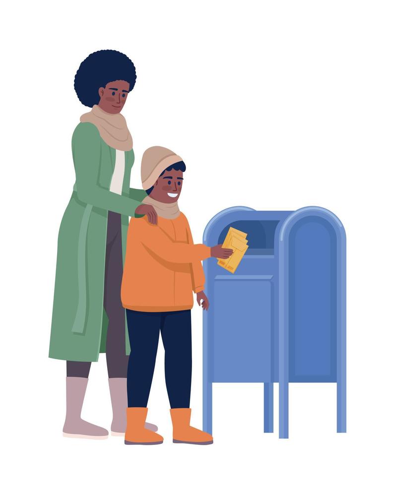 Mother and son sending mail semi flat color vector character. Editable figure. Full body people on white. Postal service simple cartoon style illustration for web graphic design and animation
