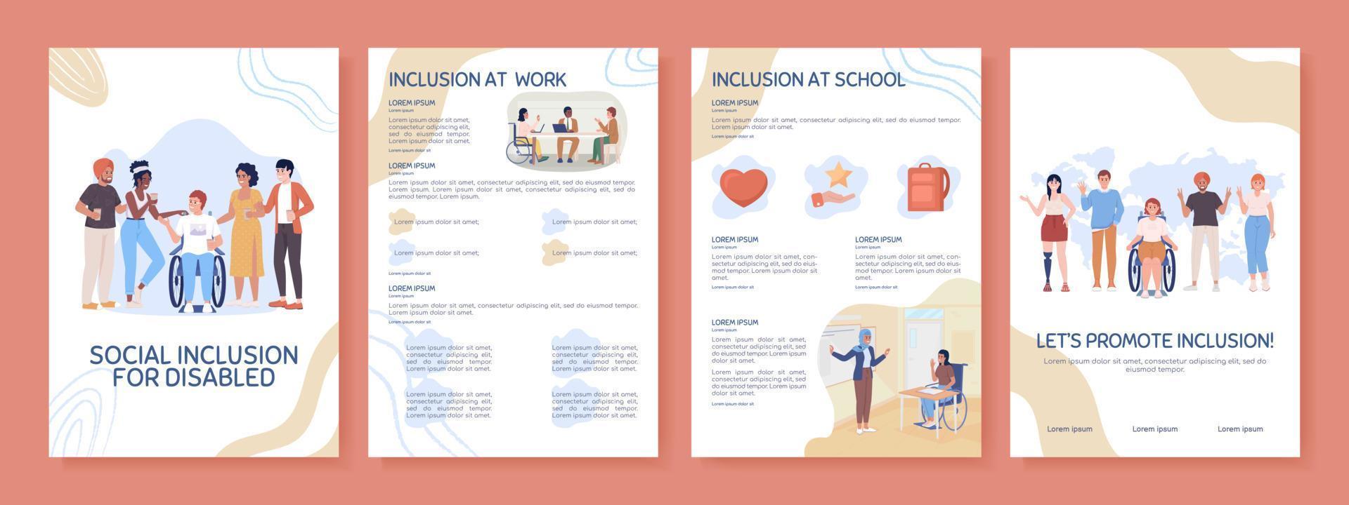 plantilla de folleto de vector plano de inclusión social para discapacitados. folleto, folleto imprimible diseños de color plano. página de revista editable, kit de informes con espacio de texto