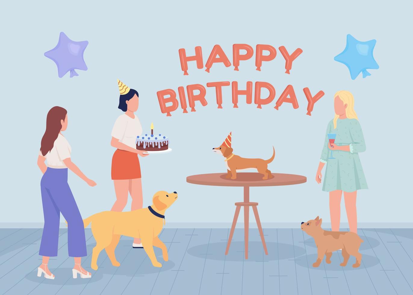 Dog birthday party flat color vector illustration. Holiday for loving pet. Animal anniversary. Fully editable 2D simple cartoon characters with blue wall in background