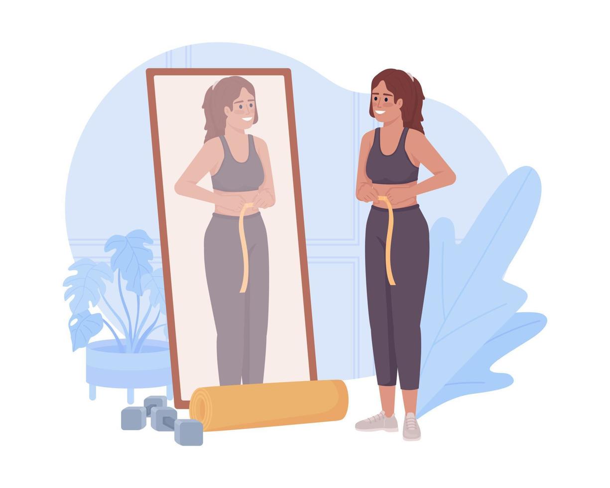 Weight loss with exercising 2D vector isolated illustration. Woman measuring waist flat character on cartoon background. Sport colourful editable scene for mobile, website, presentation