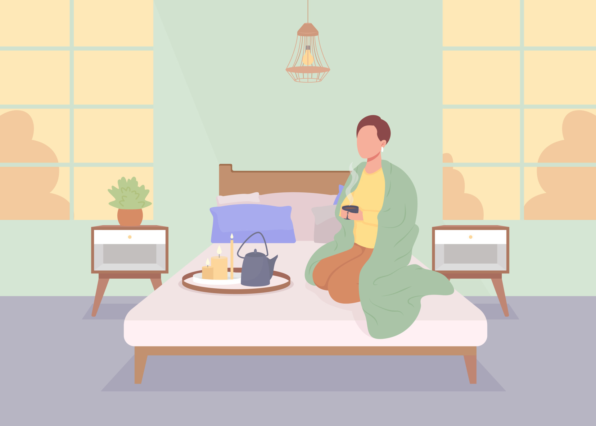 Man resting alone at home flat color vector illustration. Drinking tea and  enjoying calmness. Time for yourself. Fully editable 2D simple cartoon  character with bedroom interior on background 14663509 Vector Art at