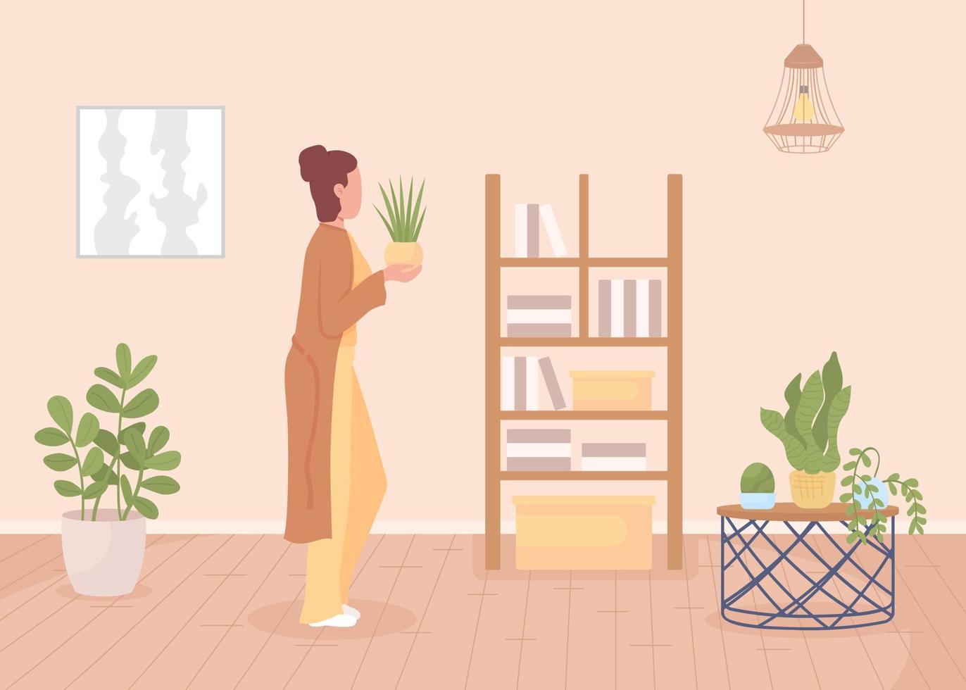 mujer cuidando la ilustración de vector de color plano de planta de interior. cultivo de jardines domésticos. pasatiempo relajante. personaje de dibujos animados simple 2d completamente editable con interior de casa en el fondo