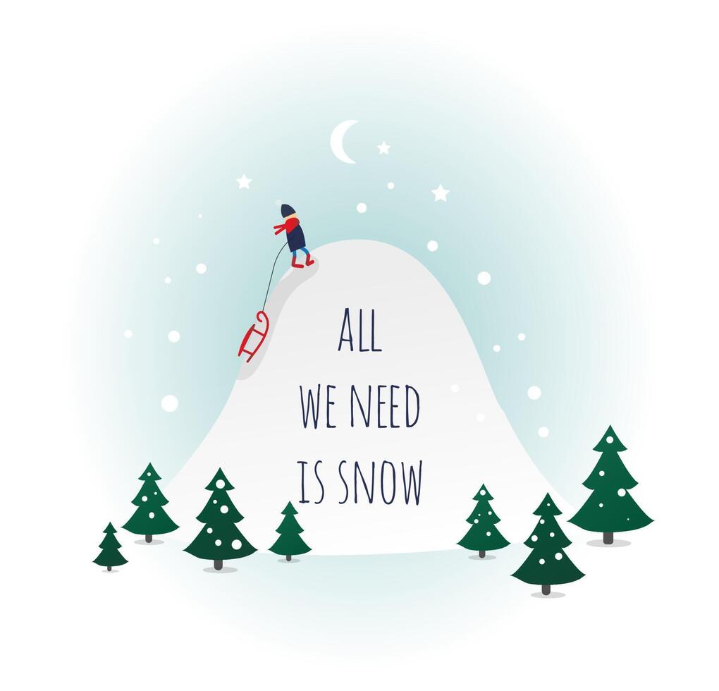 cute Christmas card snow slide and baby with sled vector