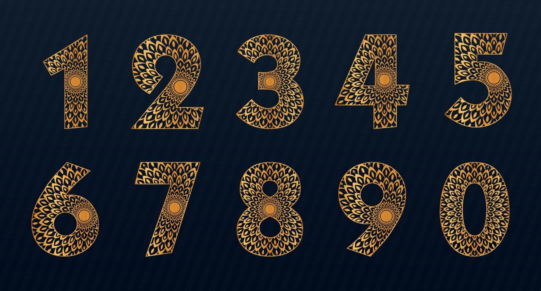 colección de números de color dorado con diseño de mandala vector