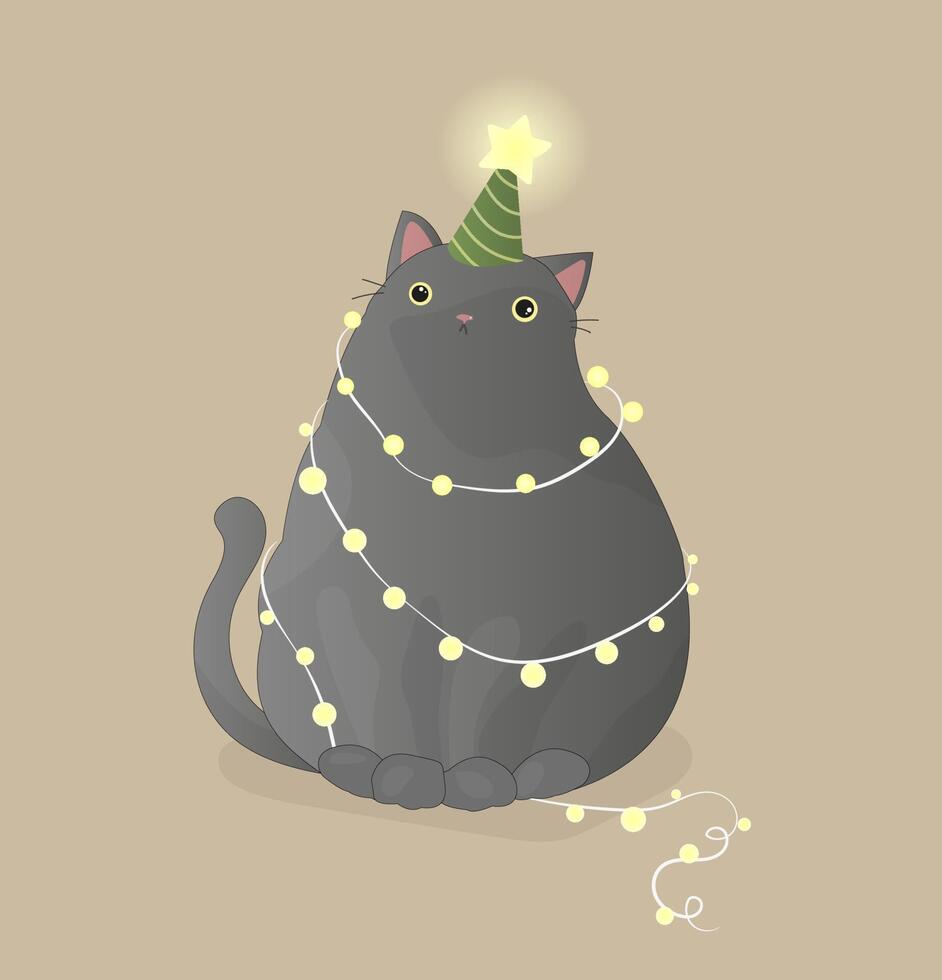 lindo gato con una gorra festiva decorada con una guirnalda navideña vector