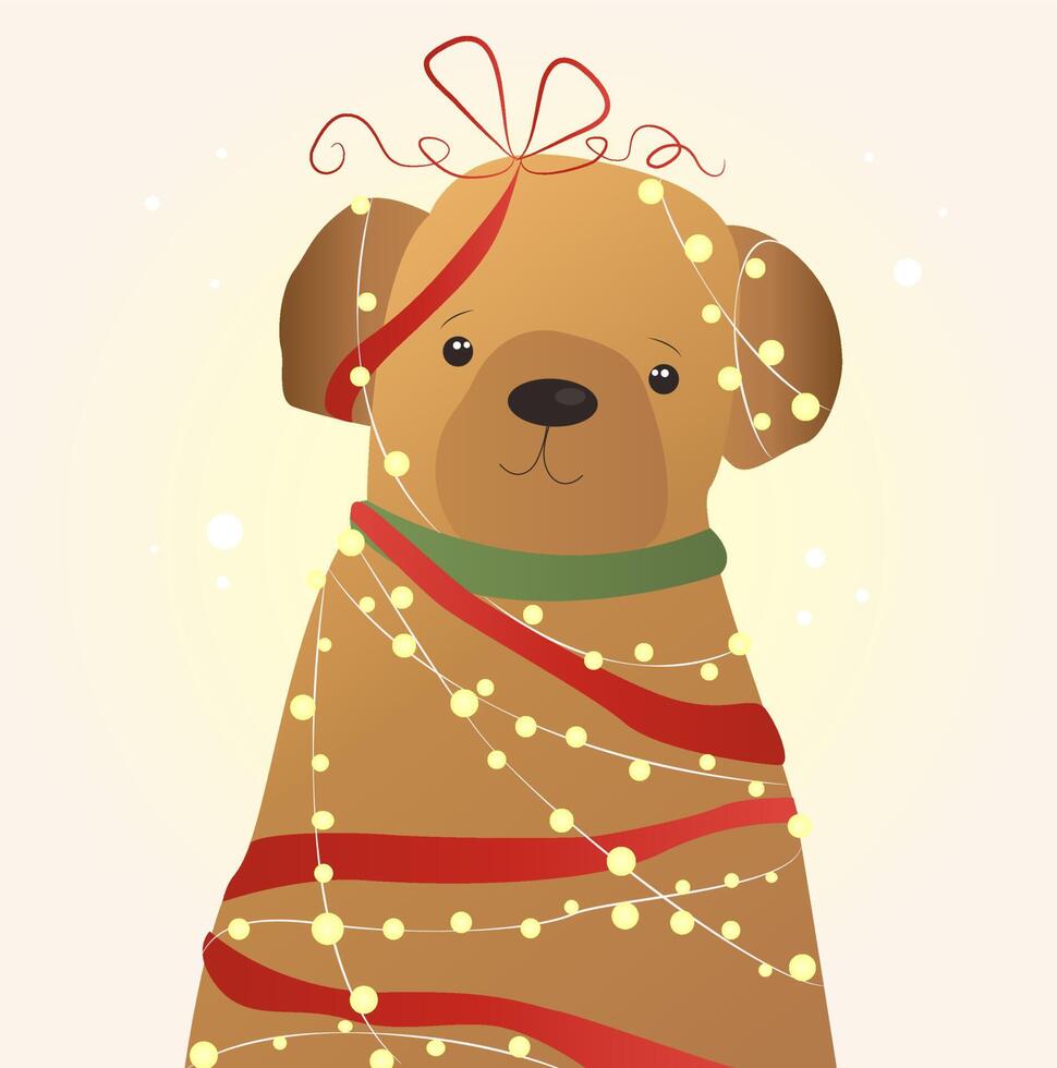 Christmas card with a cute dog decorated with a garland of lanterns vector