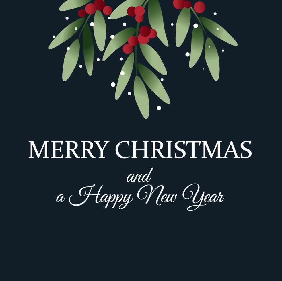 Christmas card with berries and sprigs of mistletoe, Merry Christmas greeting card. Mistletoe twigs with bow and text. vector