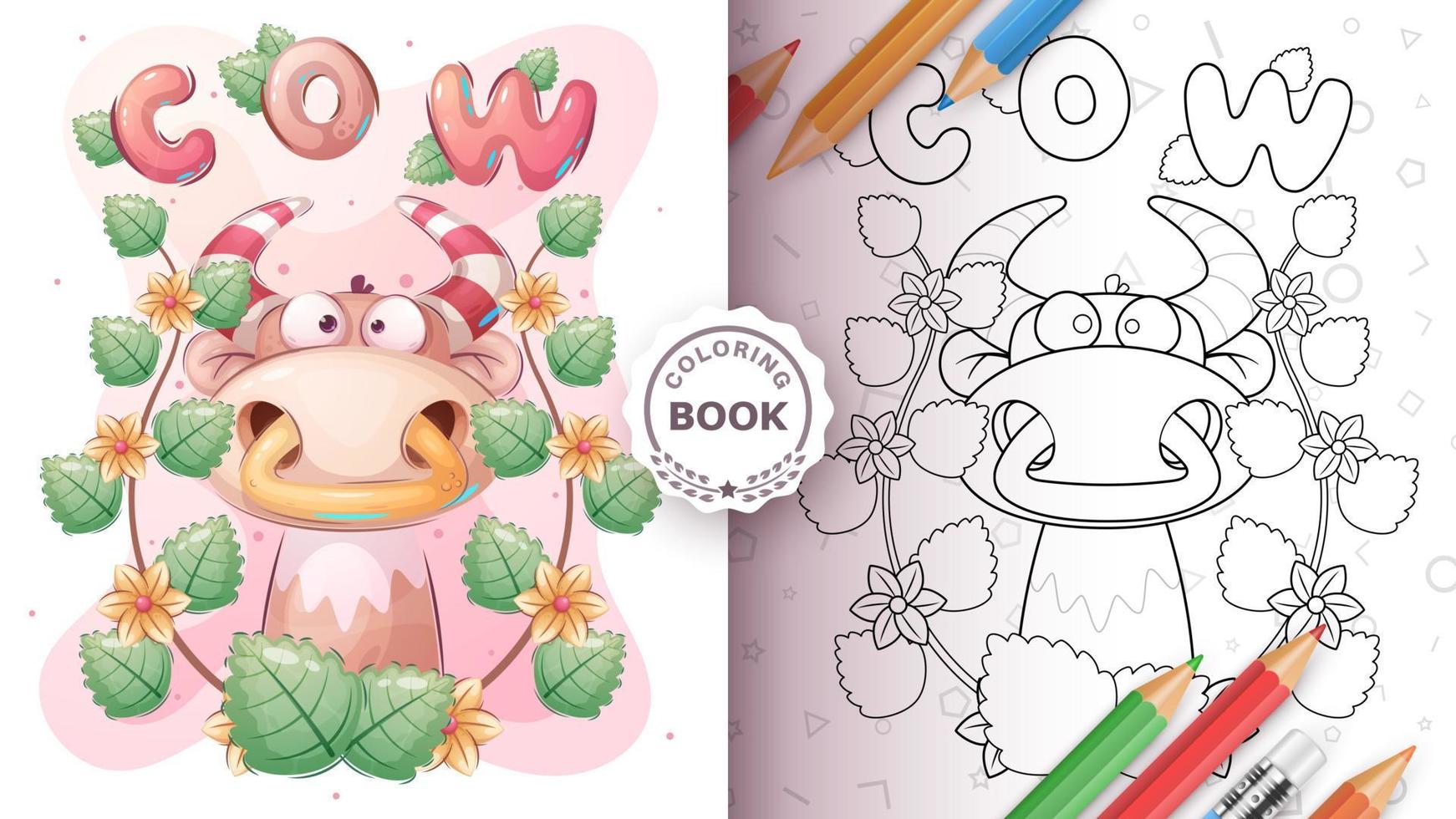 Coloring page cartoon character adorable cow, pretty animal idea for print t-shirt, poster and kids envelope, postcard. Cute hand drawn style bull. vector
