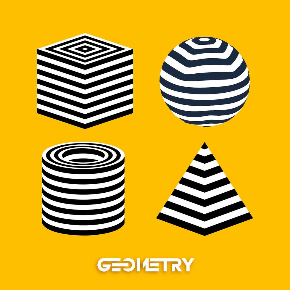 Optical illusion geometric figures on yellow background vector set. Pyramid striped. Cylinder and Cube optical abstract black and white lines design.