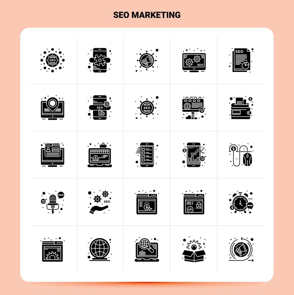 Solid 25 Seo Marketing Icon set Vector Glyph Style Design Black Icons Set Web and Mobile Business ideas design Vector Illustration