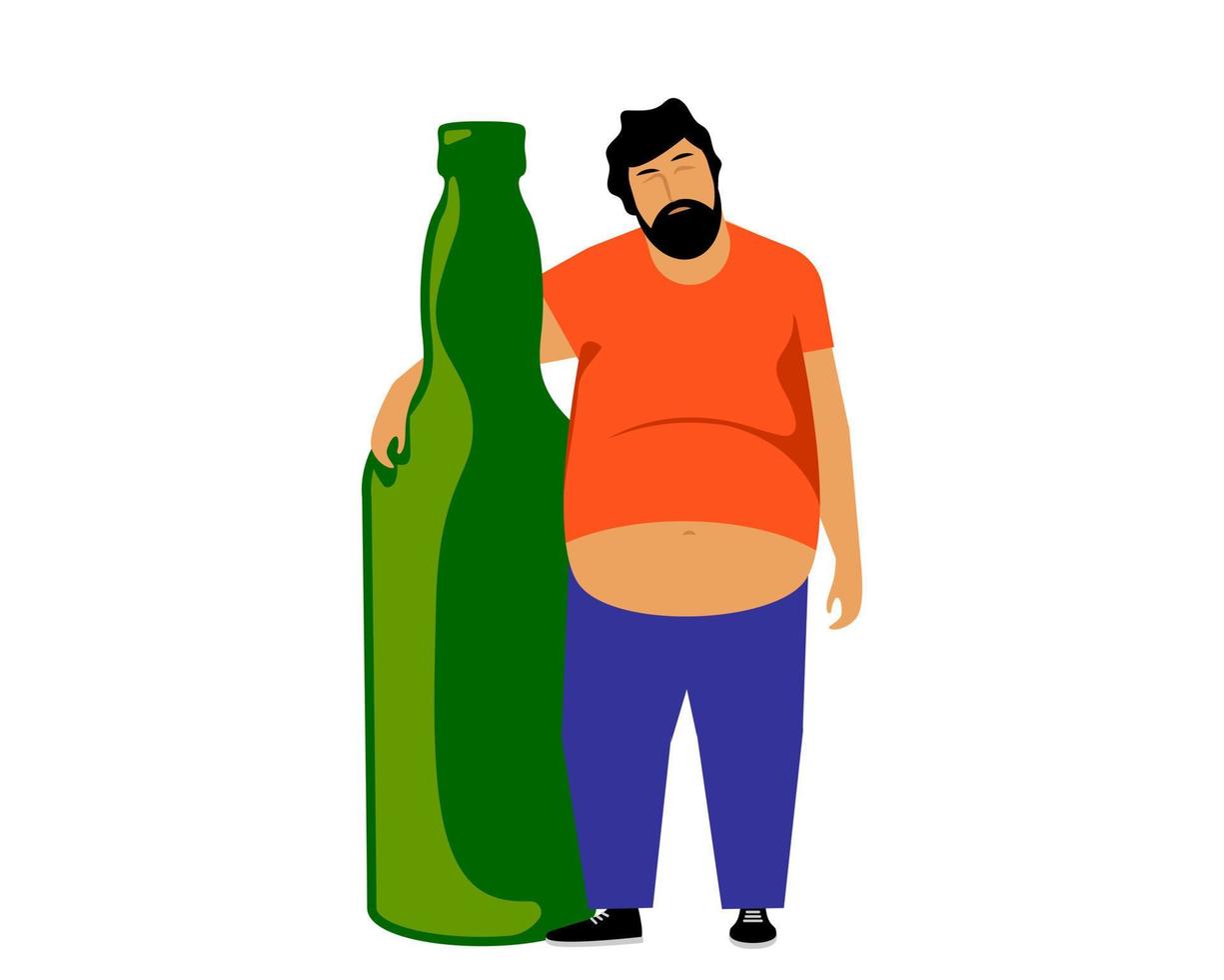 Drunk man hugging a bottle of alcohol. Alcoholic with a bad habit. Vector illustration.