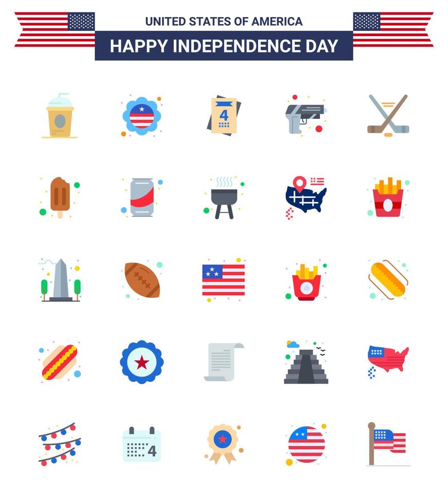 4th July USA Happy Independence Day Icon Symbols Group of 25 Modern Flats of ice sport weapon badge army gun Editable USA Day Vector Design Elements