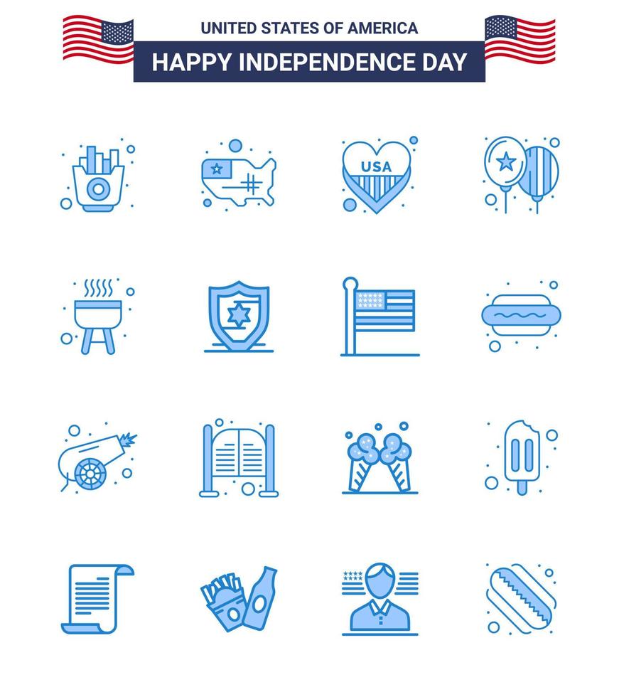 usa feliz día de la independencia pictograma conjunto de 16 blues simple de fiesta de barbacoa globos del día americano elementos de diseño vectorial del día de estados unidos editables vector