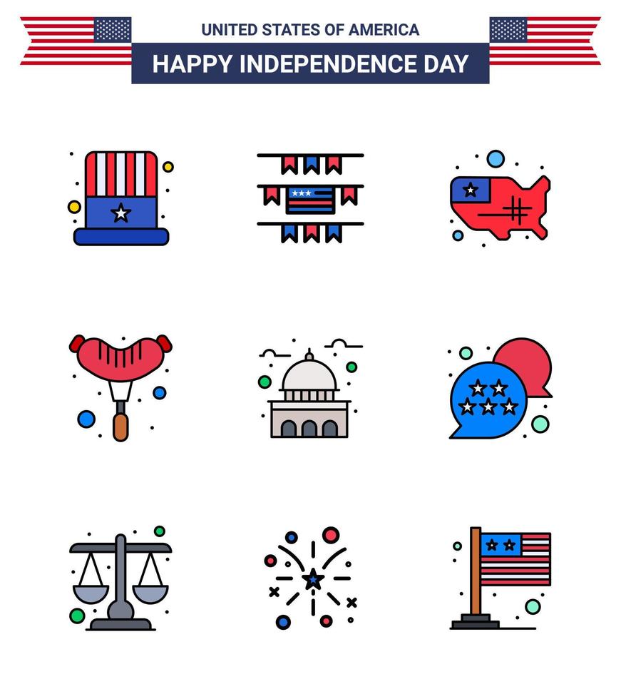 USA Independence Day Flat Filled Line Set of 9 USA Pictograms of usa house states building frankfurter Editable USA Day Vector Design Elements