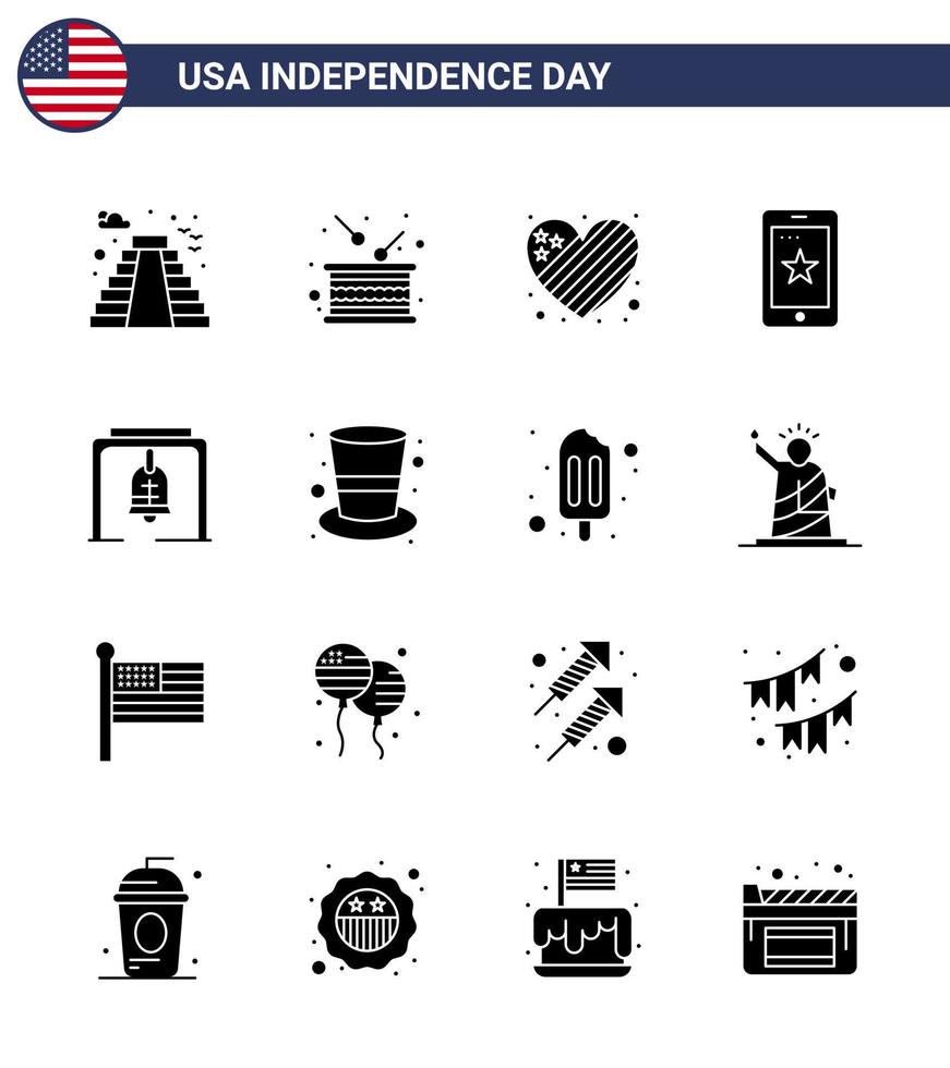 Modern Set of 16 Solid Glyphs and symbols on USA Independence Day such as alert cell independence phone love Editable USA Day Vector Design Elements