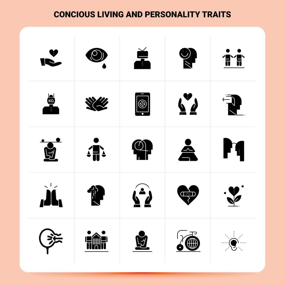 Solid 25 Concious Living And Personality Traits Icon set Vector Glyph Style Design Black Icons Set Web and Mobile Business ideas design Vector Illustration