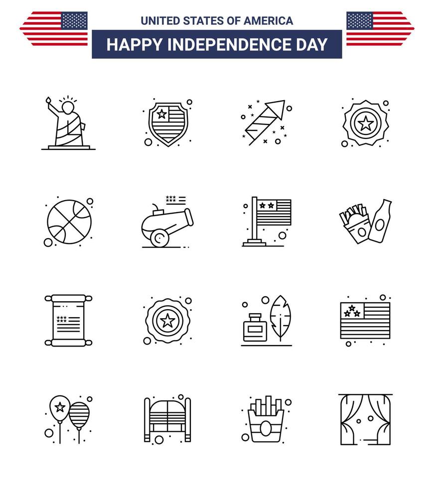 feliz día de la independencia paquete de 16 líneas signos y símbolos para la celebración de la bandera de la bola insignia elementos de diseño vectorial del día de estados unidos editables americanos vector