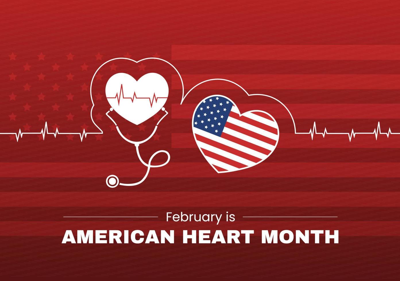 febrero es el mes del corazón americano con un pulso para la salud y la superación de la enfermedad cardiovascular en la ilustración de plantilla dibujada a mano de dibujos animados planos vector